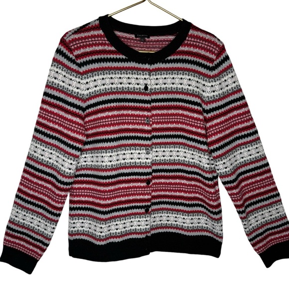 Talbots Fair Isle Cardigan Sweater Wool Blend Large Red White Black Gray Stripe - Picture 1 of 10